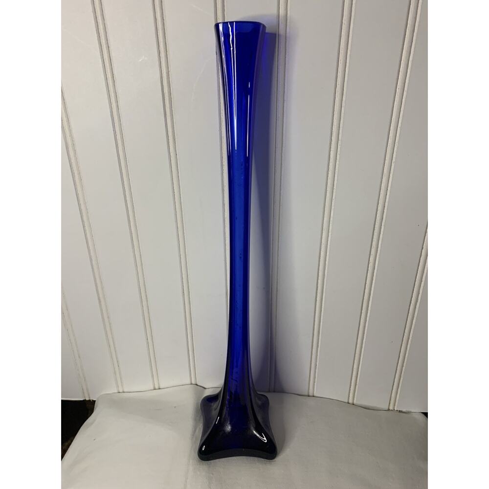 Vintage Cobalt Blue‎ & Clear Art Glass Bud Vase Square 15 3/4” Tall - Picture 6 of 6